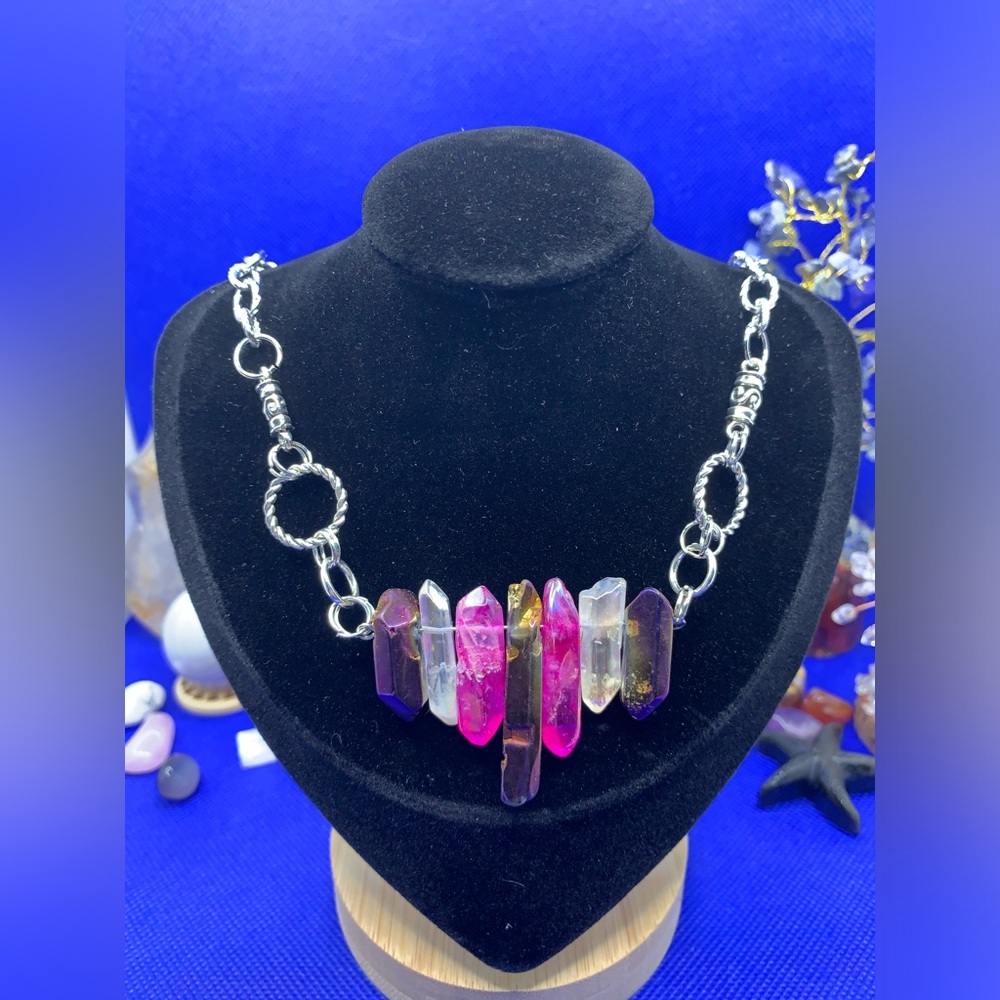 Multi-Colored Titanium Quartz Power Point Necklace, Adjustable Choker, Handmade!